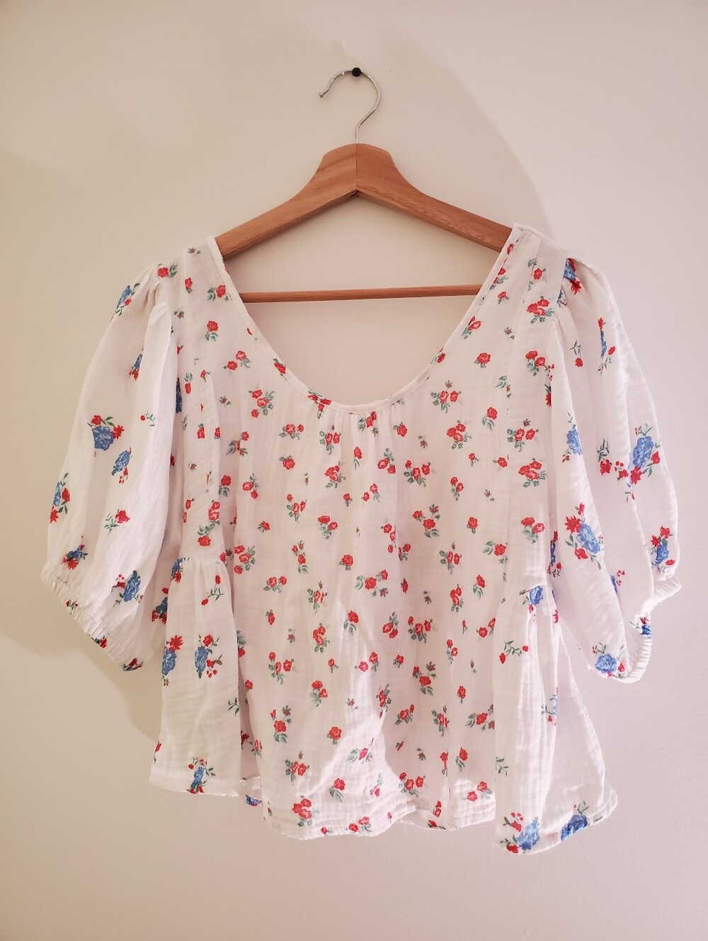 White Blouse with Red and Blue Floral Print